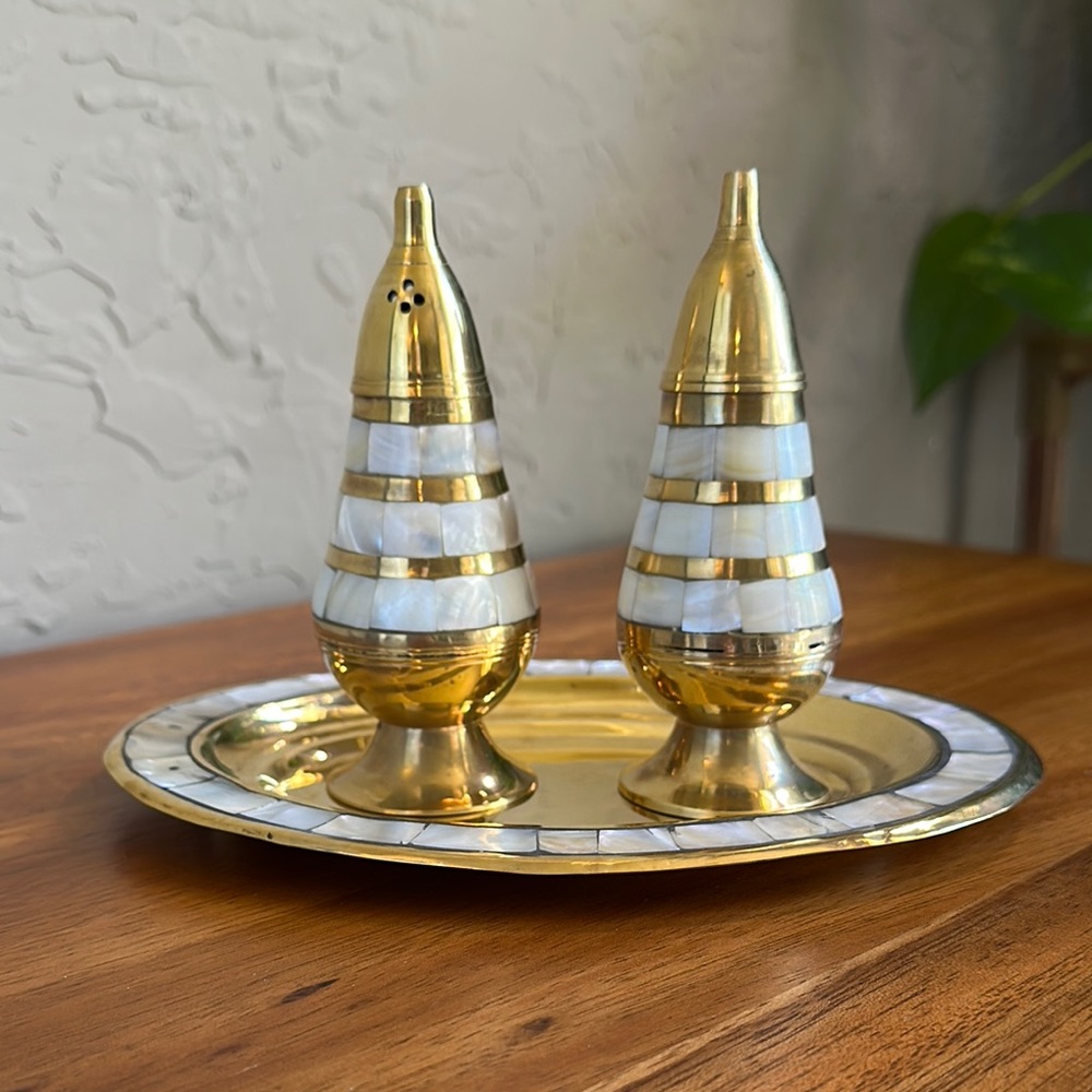 Brass and Mother of pearl Salt and Pepper‎ Shakers with Tray
